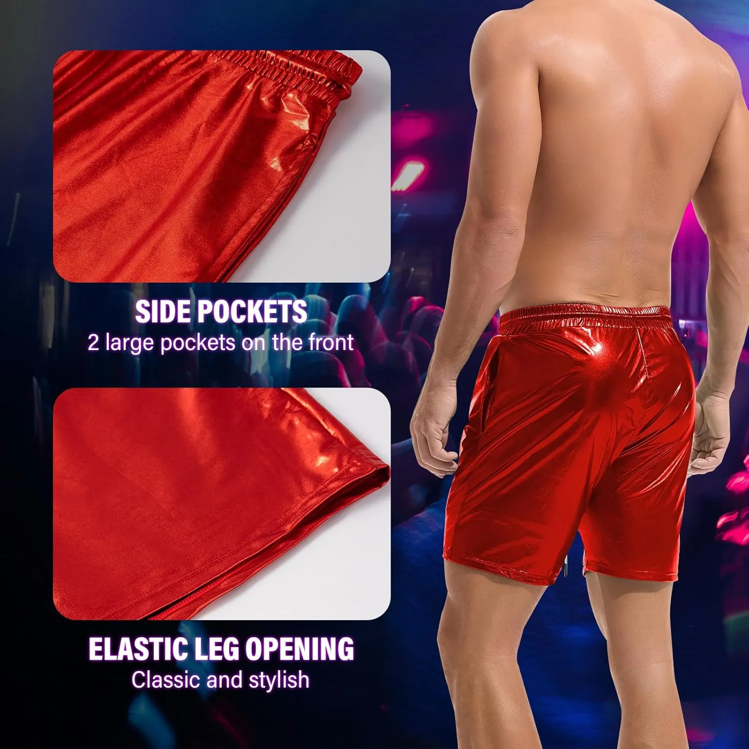 AMY COULEE Mens Metallic Shorts 5" Shiny Holographic Disco Shorts Outfit Sparkly Rave Hot Drawstring Shorts