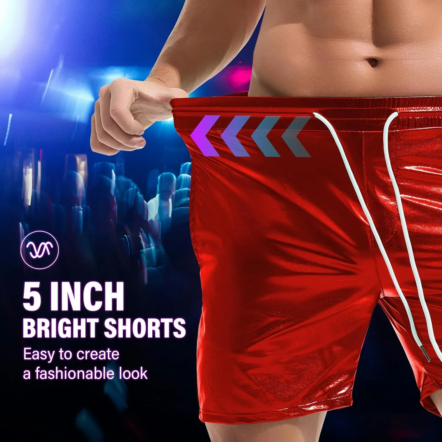 AMY COULEE Mens Metallic Shorts 5" Shiny Holographic Disco Shorts Outfit Sparkly Rave Hot Drawstring Shorts
