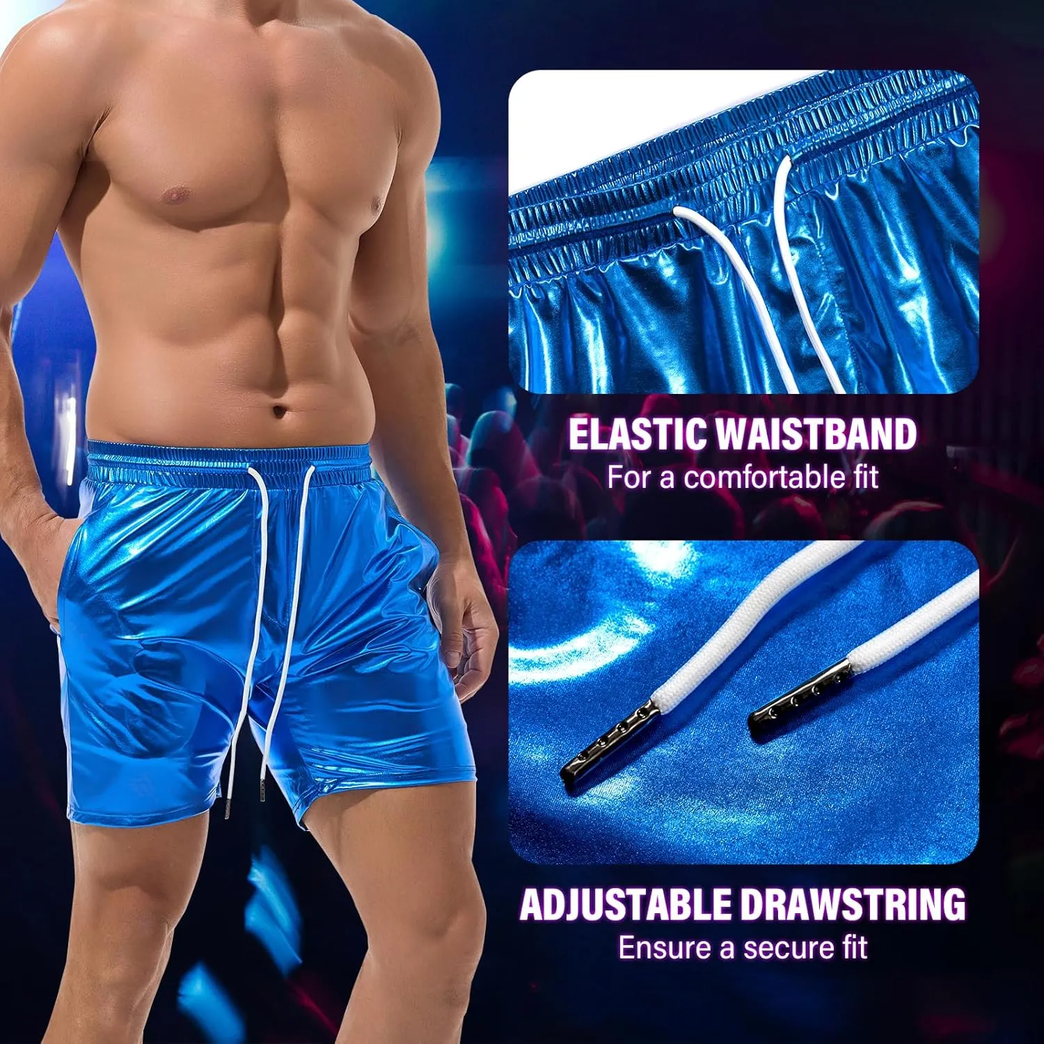 AMY COULEE Mens Metallic Shorts 5" Shiny Holographic Disco Shorts Outfit Sparkly Rave Hot Drawstring Shorts