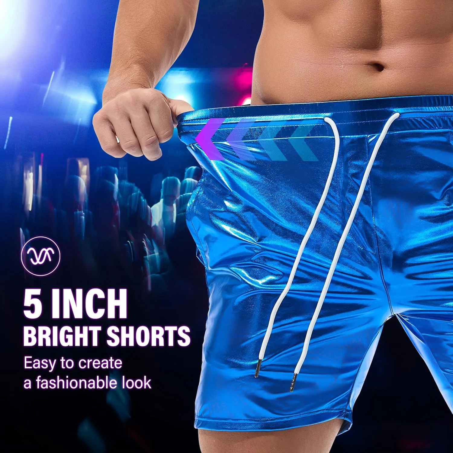 AMY COULEE Mens Metallic Shorts 5" Shiny Holographic Disco Shorts Outfit Sparkly Rave Hot Drawstring Shorts