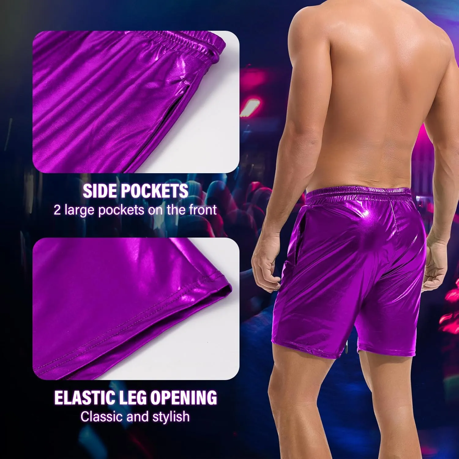 AMY COULEE Mens Metallic Shorts 5" Shiny Holographic Disco Shorts Outfit Sparkly Rave Hot Drawstring Shorts