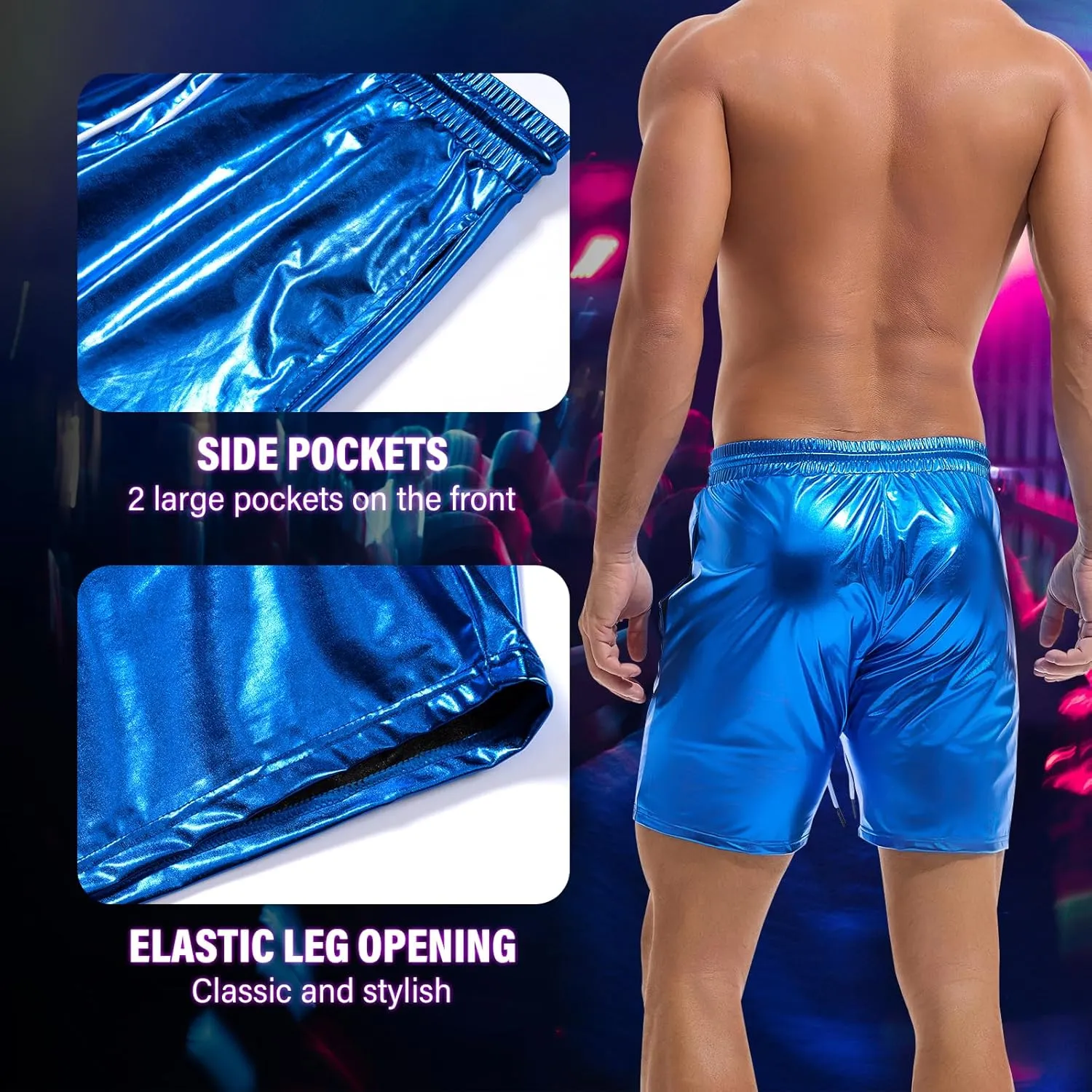 AMY COULEE Mens Metallic Shorts 5" Shiny Holographic Disco Shorts Outfit Sparkly Rave Hot Drawstring Shorts