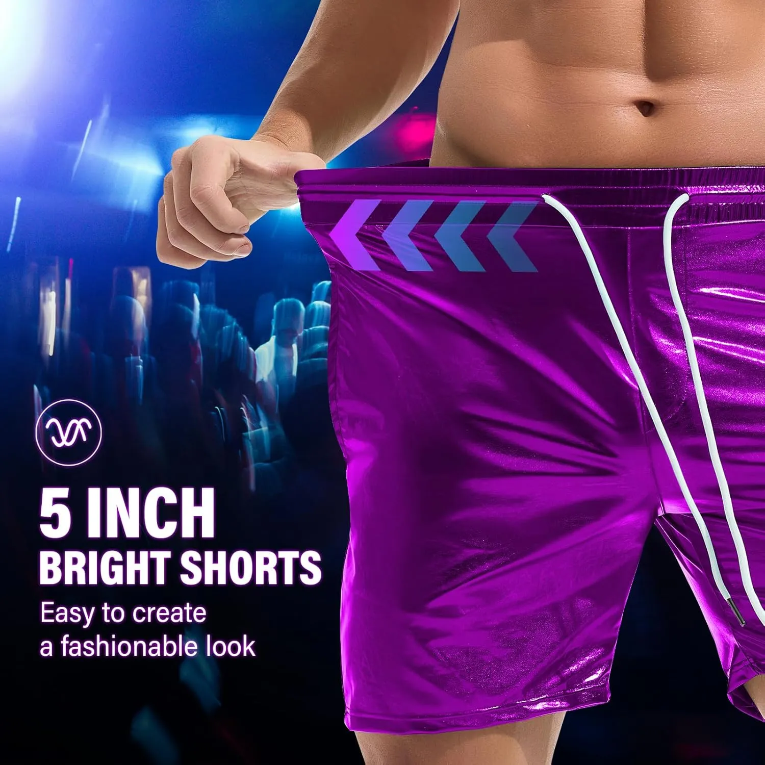 AMY COULEE Mens Metallic Shorts 5" Shiny Holographic Disco Shorts Outfit Sparkly Rave Hot Drawstring Shorts
