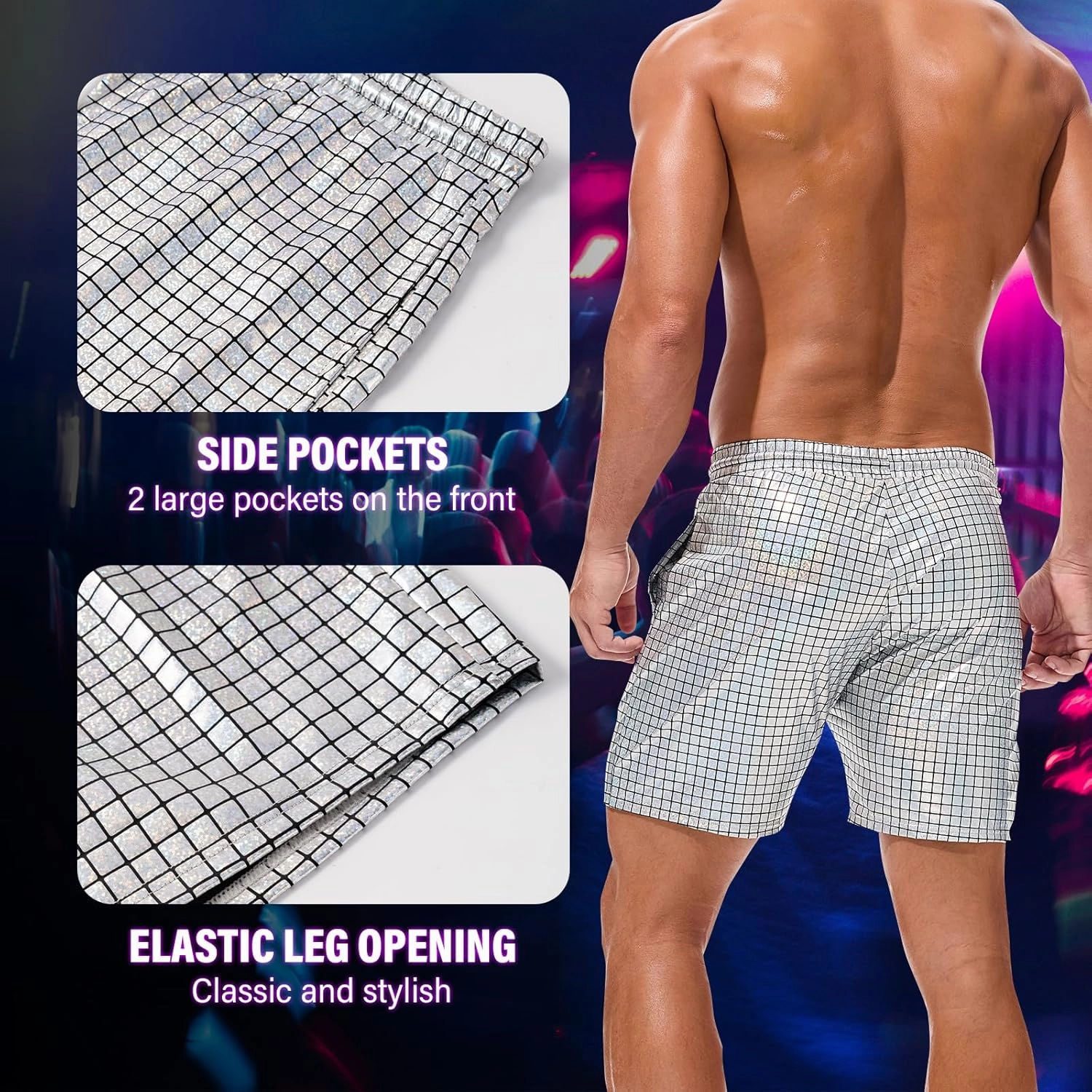 AMY COULEE Mens Metallic Shorts 5" Shiny Holographic Disco Shorts Outfit Sparkly Rave Hot Drawstring Shorts