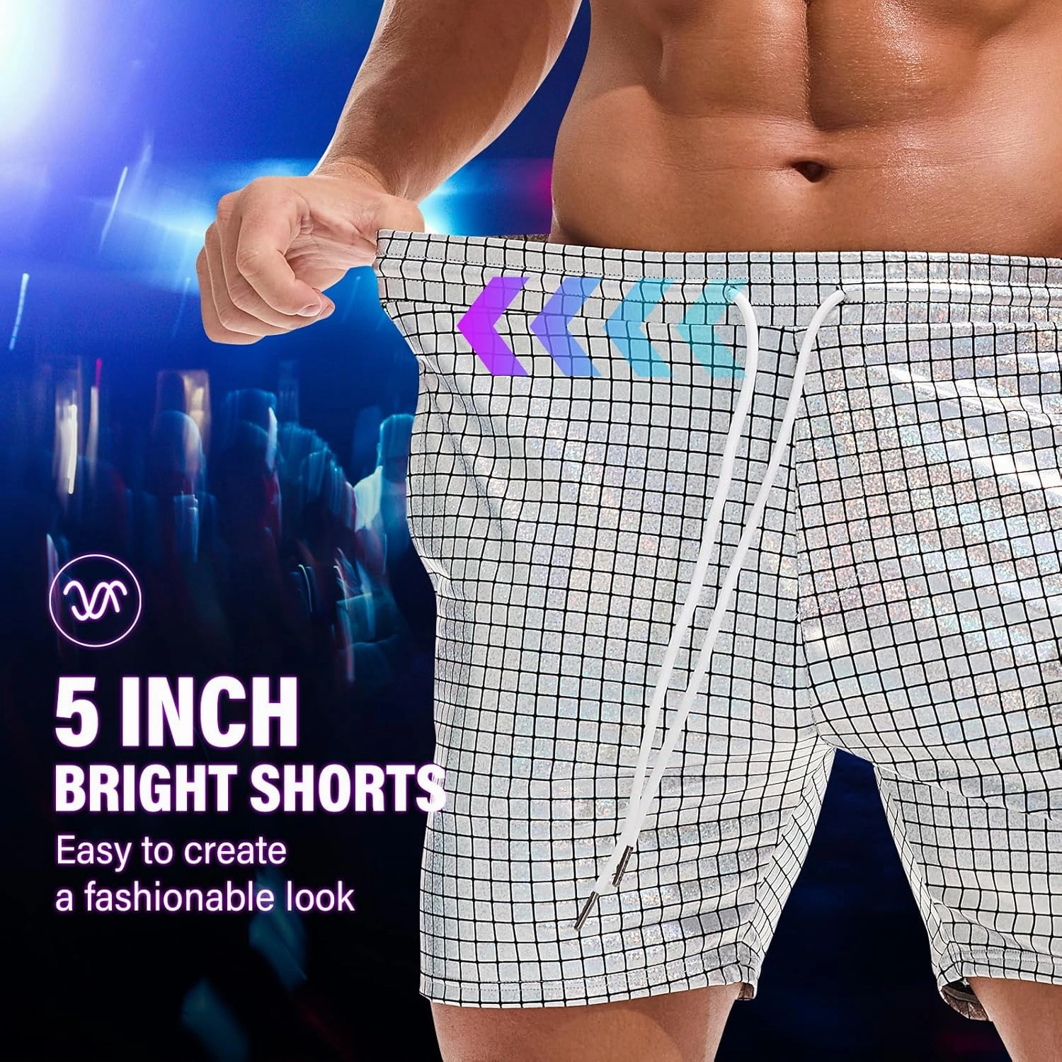 AMY COULEE Mens Metallic Shorts 5" Shiny Holographic Disco Shorts Outfit Sparkly Rave Hot Drawstring Shorts