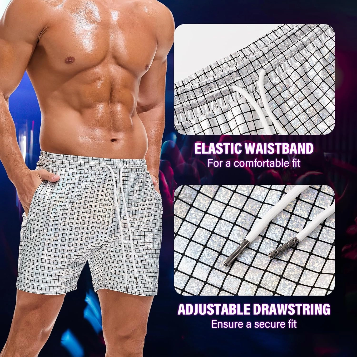 AMY COULEE Mens Metallic Shorts 5" Shiny Holographic Disco Shorts Outfit Sparkly Rave Hot Drawstring Shorts