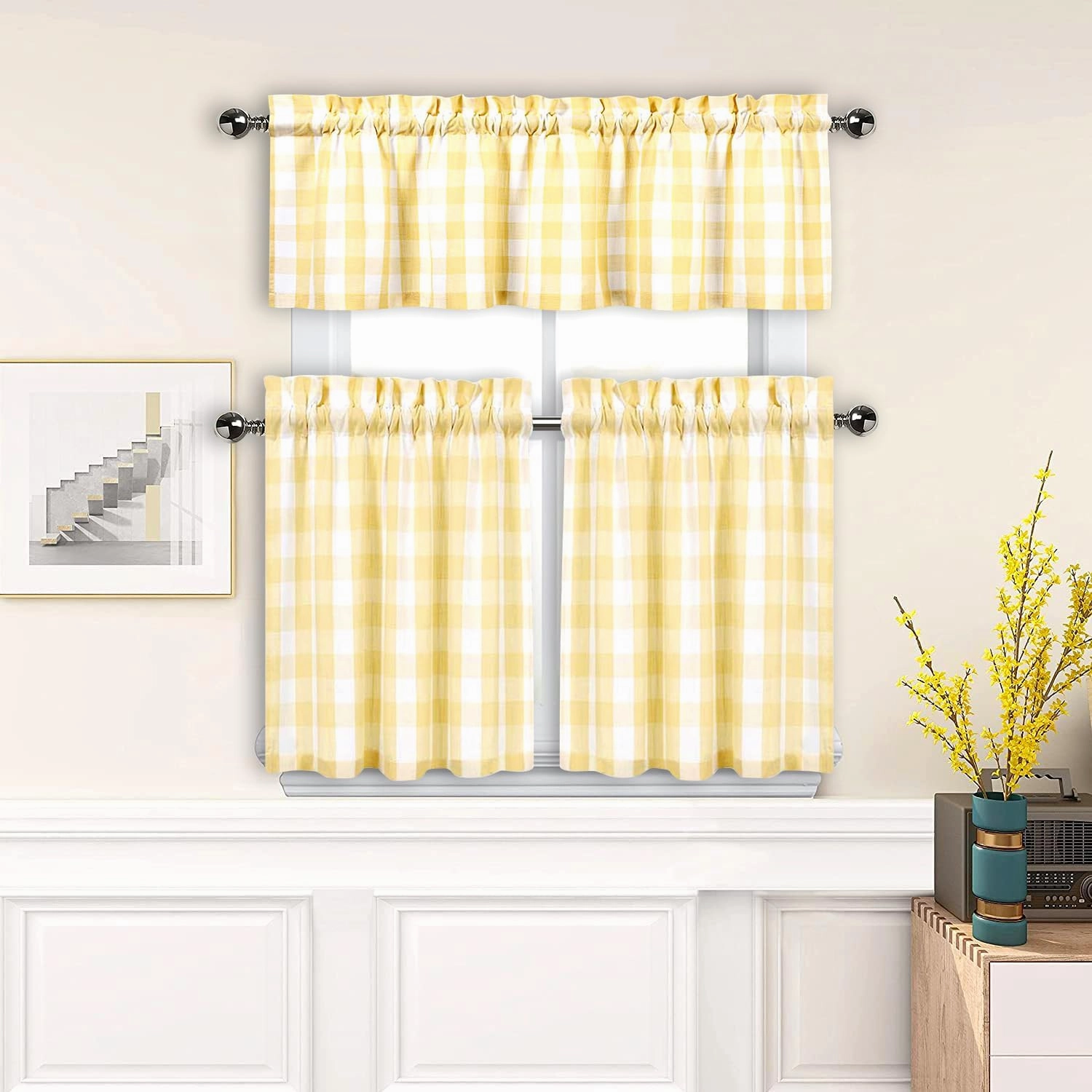 Amzdecor Buffalo Check Tier Curtains for Kitchen, Thick Yarn Dyed Buffalo Plaid Gingham Rod Pocket Farmhouse Cafe Bathroom Curtains, Short Kitchen Window Curtains,28" W x 24" L, Yellow/White, Set of 2