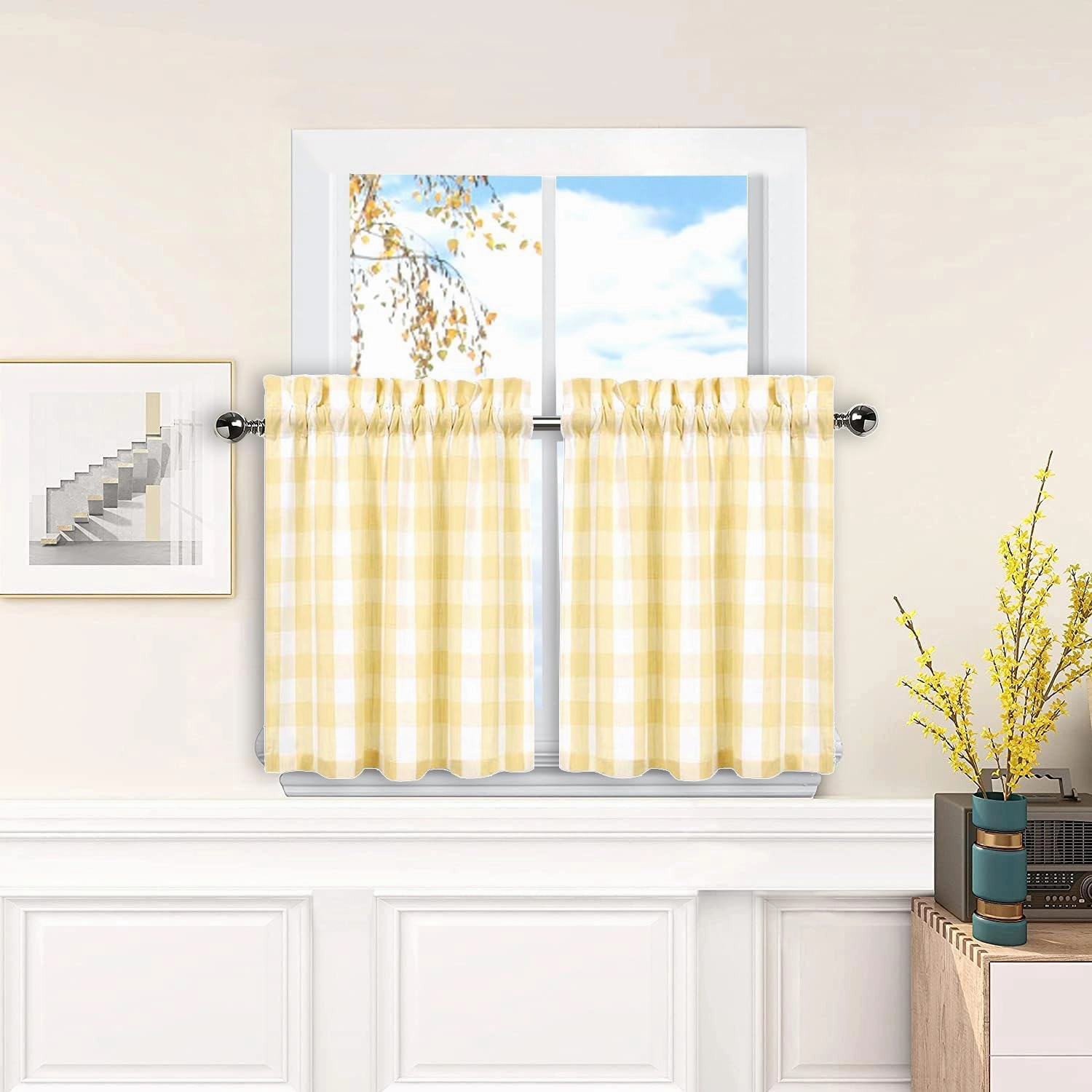 Amzdecor Buffalo Check Tier Curtains for Kitchen, Thick Yarn Dyed Buffalo Plaid Gingham Rod Pocket Farmhouse Cafe Bathroom Curtains, Short Kitchen Window Curtains,28" W x 24" L, Yellow/White, Set of 2