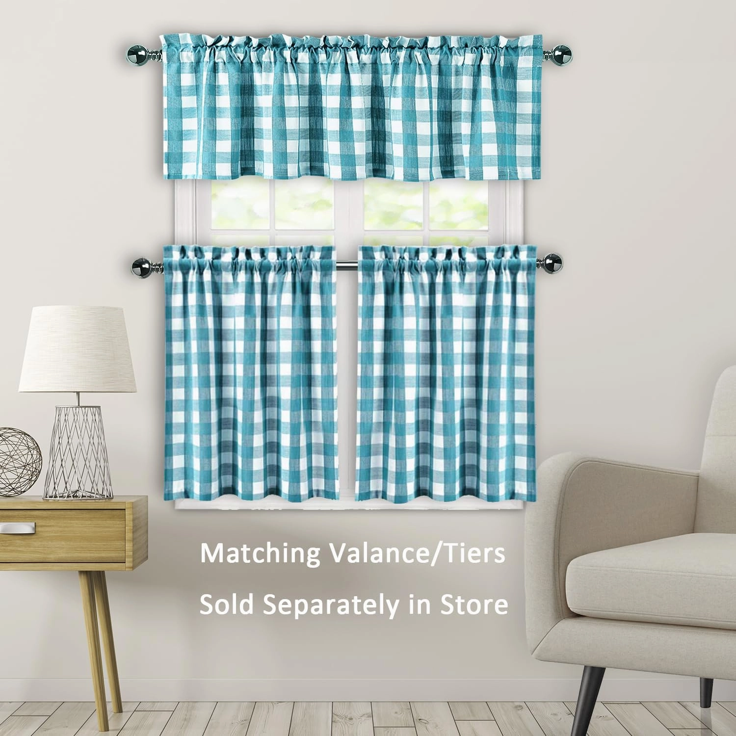 Amzdecor Buffalo Check Tier Curtains for Kitchen, Thick Yarn Dyed Buffalo Plaid Gingham Rod Pocket Farmhouse Cafe Bathroom Drapes, Short Kitchen Window Curtains, 28" W x 24" L, Teal/White, Set of 2