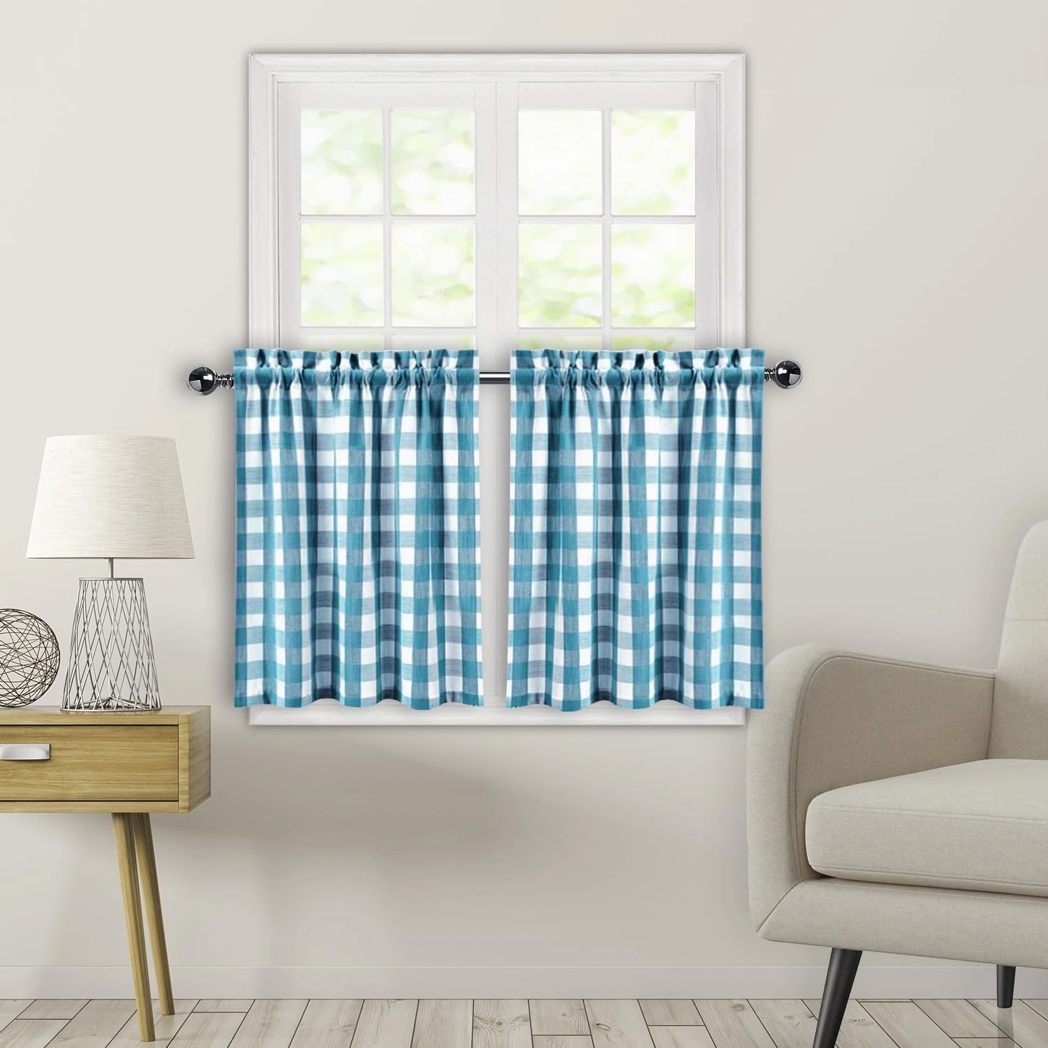 Amzdecor Buffalo Check Tier Curtains for Kitchen, Thick Yarn Dyed Buffalo Plaid Gingham Rod Pocket Farmhouse Cafe Bathroom Drapes, Short Kitchen Window Curtains, 28" W x 24" L, Teal/White, Set of 2