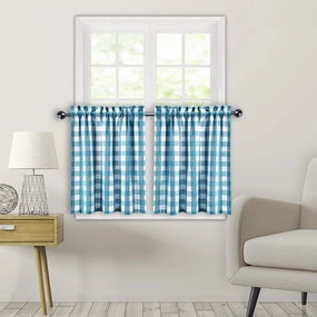 Amzdecor Buffalo Check Tier Curtains for Kitchen, Thick Yarn Dyed Buffalo Plaid Gingham Rod Pocket Farmhouse Cafe Bathroom Drapes, Short Kitchen Window Curtains, 28" W x 24" L, Teal/White, Set of 2