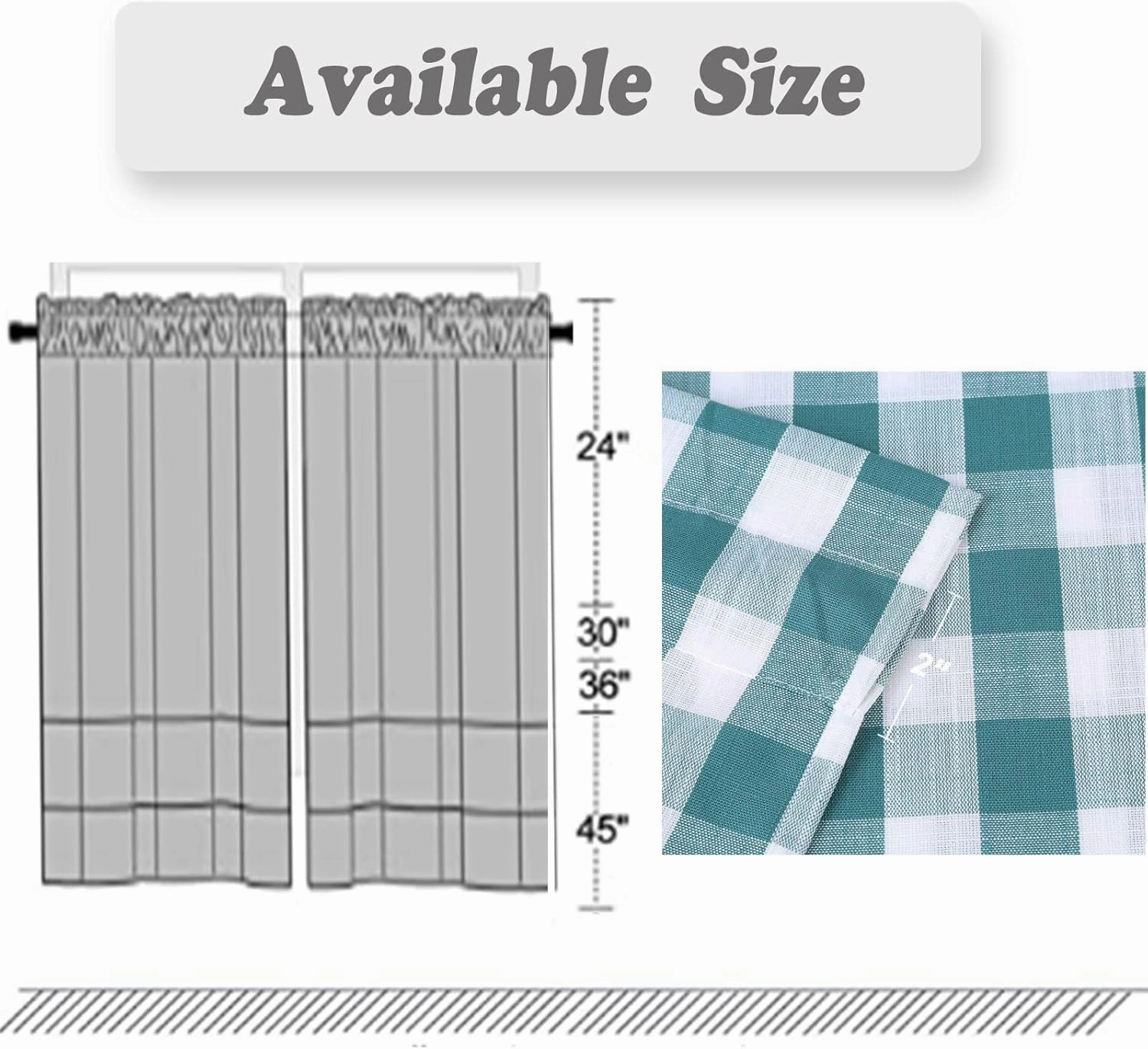 Amzdecor Buffalo Check Tier Curtains for Kitchen, Thick Yarn Dyed Buffalo Plaid Gingham Rod Pocket Farmhouse Cafe Bathroom Drapes, Short Kitchen Window Curtains, 28" W x 24" L, Teal/White, Set of 2
