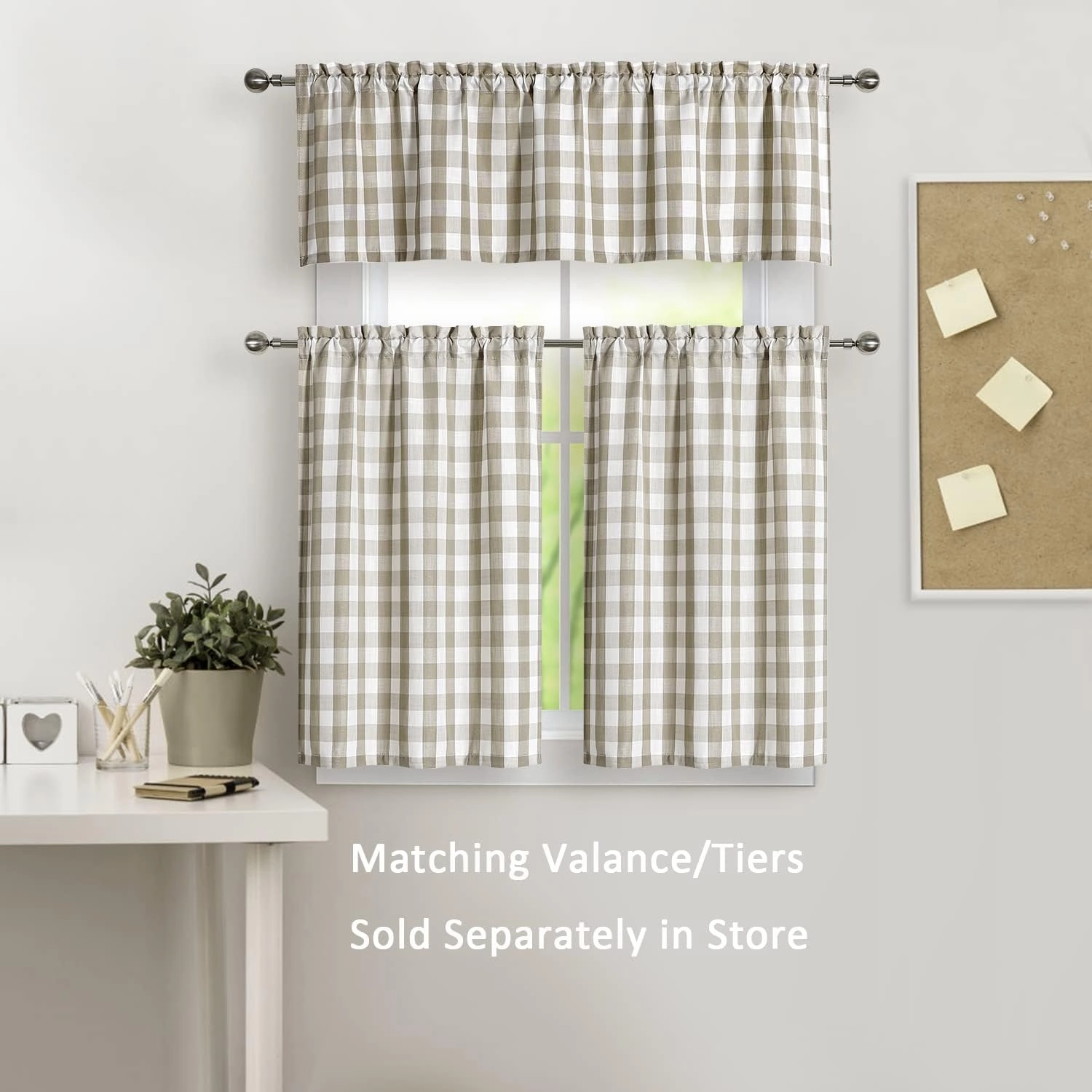 Amzdecor Linen Buffalo Check Tier Curtains for Kitchen, Thick Yarn Dyed Buffalo Plaid Gingham Rod Pocket Cafe Bathroom Curtain, Short Kitchen Window Curtain Sets, 28" W x 24" L, Linen/White, Set of 2
