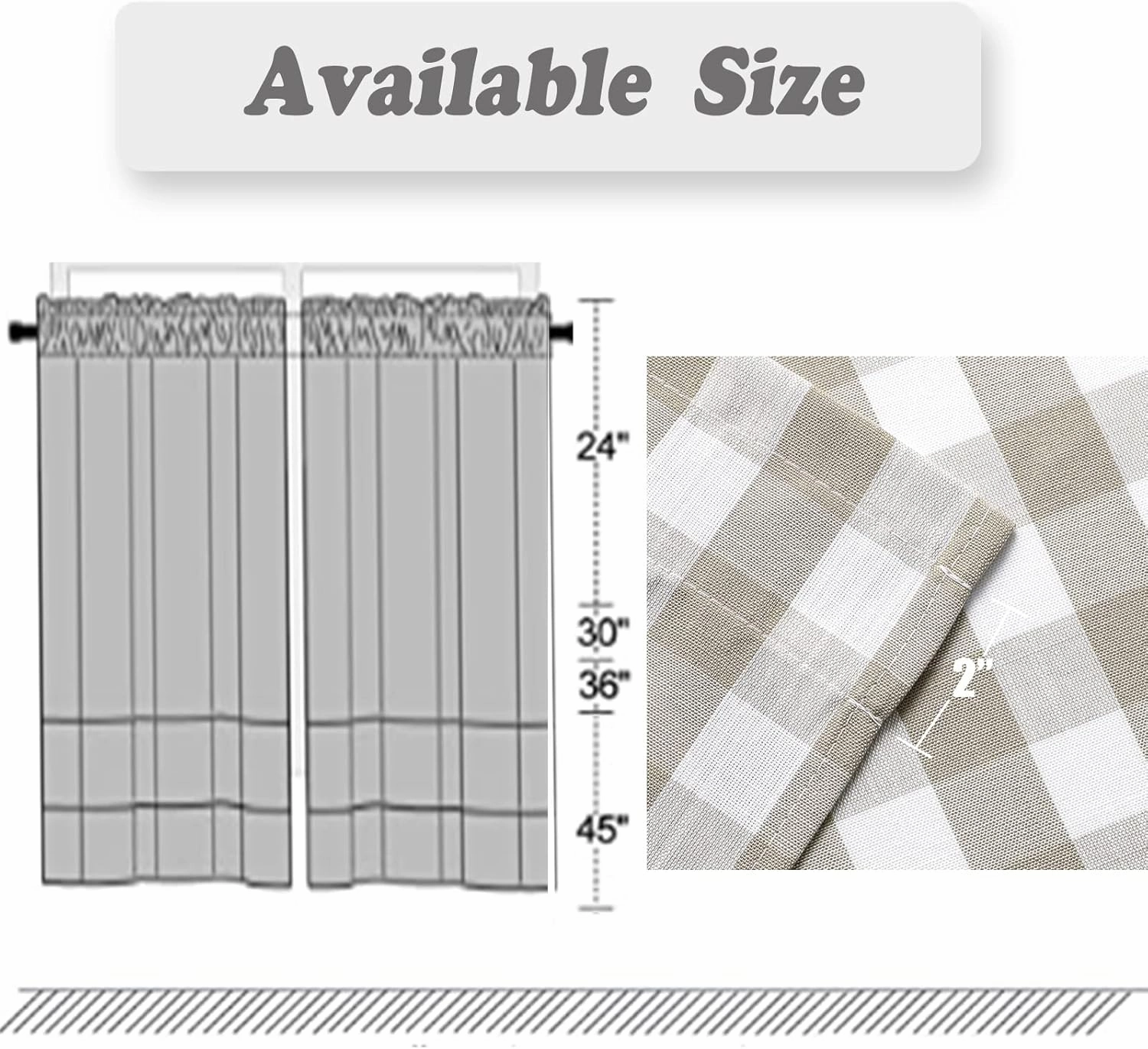 Amzdecor Linen Buffalo Check Tier Curtains for Kitchen, Thick Yarn Dyed Buffalo Plaid Gingham Rod Pocket Cafe Bathroom Curtain, Short Kitchen Window Curtain Sets, 28" W x 24" L, Linen/White, Set of 2