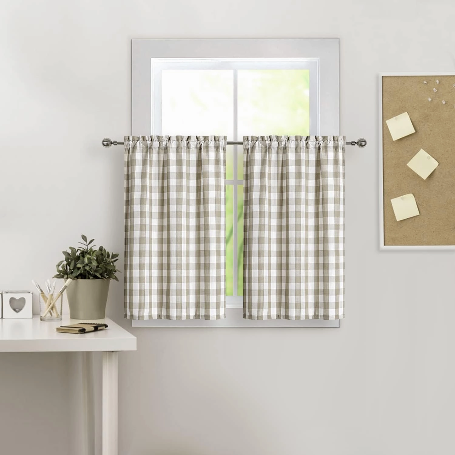 Amzdecor Linen Buffalo Check Tier Curtains for Kitchen, Thick Yarn Dyed Buffalo Plaid Gingham Rod Pocket Cafe Bathroom Curtain, Short Kitchen Window Curtain Sets, 28" W x 24" L, Linen/White, Set of 2