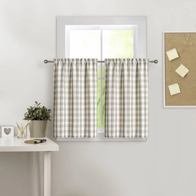 Amzdecor Linen Buffalo Check Tier Curtains for Kitchen, Thick Yarn Dyed Buffalo Plaid Gingham Rod Pocket Cafe Bathroom Curtain, Short Kitchen Window Curtain Sets, 28" W x 24" L, Linen/White, Set of 2