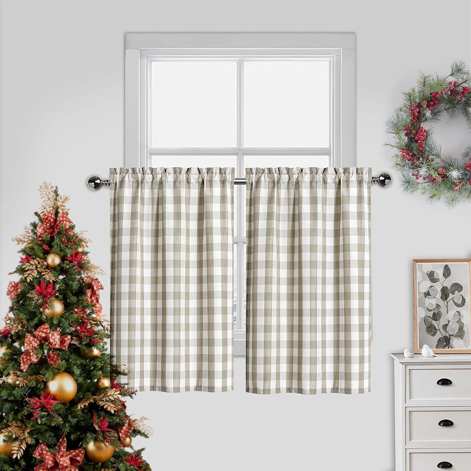 Amzdecor Linen Buffalo Check Tier Curtains for Kitchen, Thick Yarn Dyed Buffalo Plaid Gingham Rod Pocket Cafe Bathroom Curtain, Short Kitchen Window Curtain Sets, 28" W x 24" L, Linen/White, Set of 2