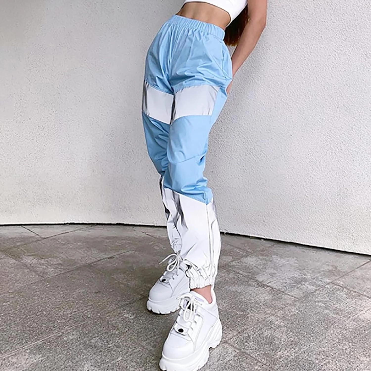 ANKOMINA Women's Rave Reflective Pants with Pocket Sport Joggers Pants Track Trouser Sweatpants Party Festival Club Outfit