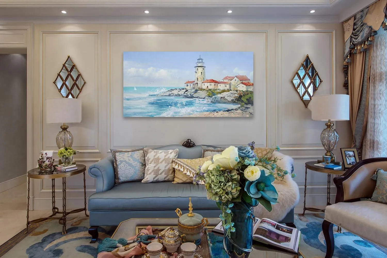 Anolyfi Blue Ocean Coastal Lighthouse Canvas Wall Art Large Beach Seascape Picture, Nature Landscape Textured Painting Artwork Framed for Living Room Bedroom Bathroom Kitchen Office Home Decor 40"x20"