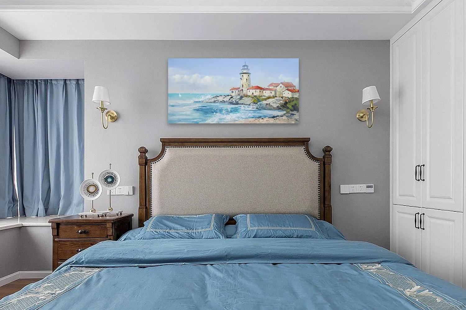 Anolyfi Blue Ocean Coastal Lighthouse Canvas Wall Art Large Beach Seascape Picture, Nature Landscape Textured Painting Artwork Framed for Living Room Bedroom Bathroom Kitchen Office Home Decor 40"x20"
