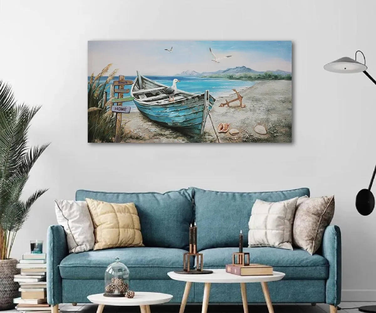 Anolyfi Coastal Wall Art Blue Ocean Beach Boat Canvas Picture, Nature Seagull Nautical Seascape Textured Painting Artwork Large Framed for Bathroom Living Room Bedroom Office Home Decor 40"x20"