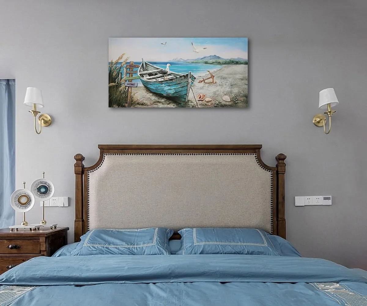 Anolyfi Coastal Wall Art Blue Ocean Beach Boat Canvas Picture, Nature Seagull Nautical Seascape Textured Painting Artwork Large Framed for Bathroom Living Room Bedroom Office Home Decor 40"x20"