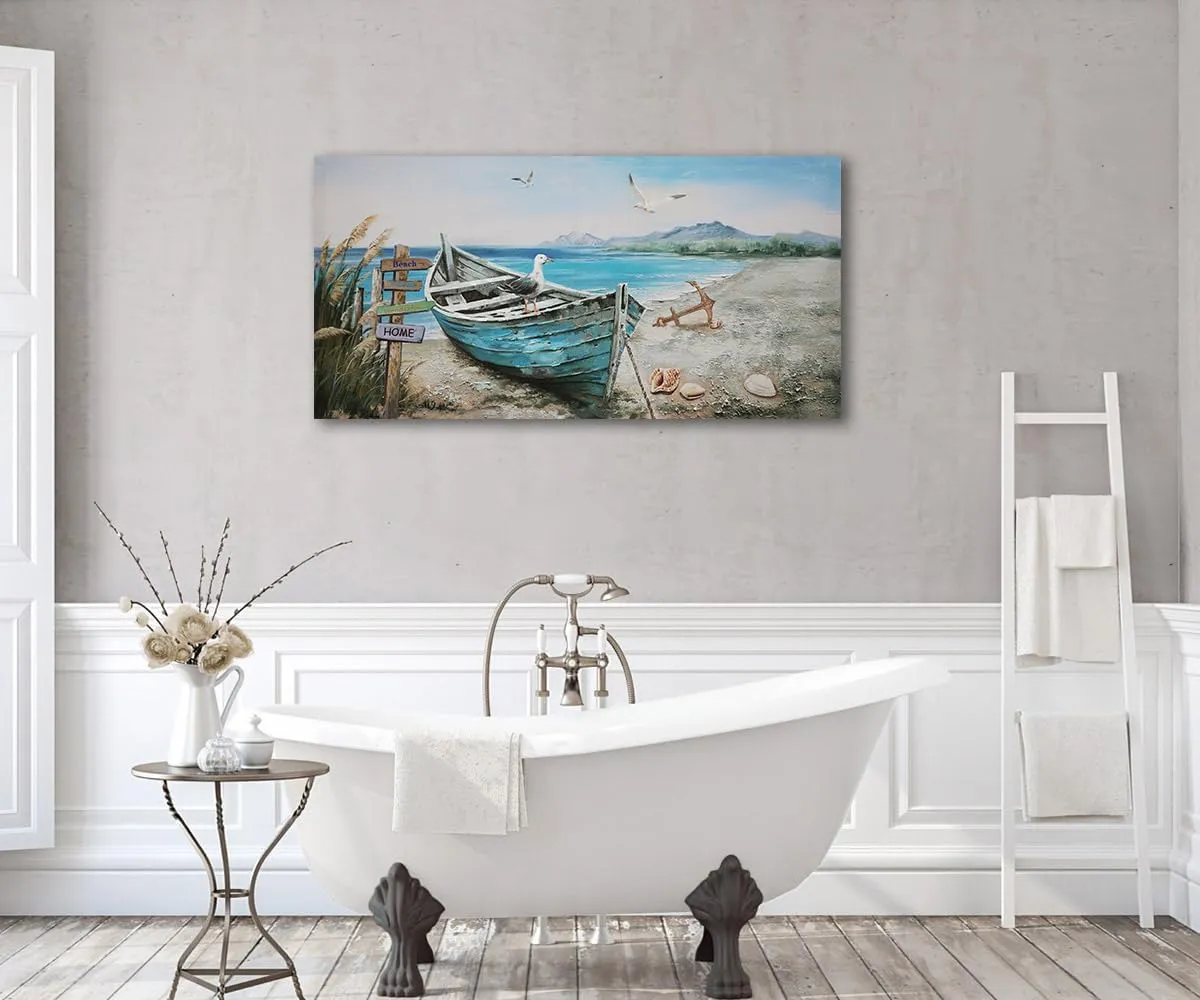 Anolyfi Coastal Wall Art Blue Ocean Beach Boat Canvas Picture, Nature Seagull Nautical Seascape Textured Painting Artwork Large Framed for Bathroom Living Room Bedroom Office Home Decor 40"x20"