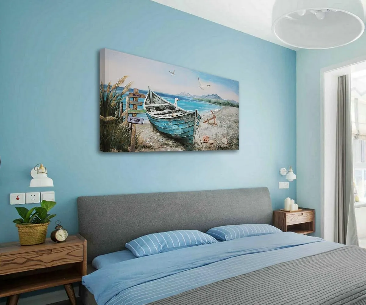 Anolyfi Coastal Wall Art Blue Ocean Beach Boat Canvas Picture, Nature Seagull Nautical Seascape Textured Painting Artwork Large Framed for Bathroom Living Room Bedroom Office Home Decor 40"x20"