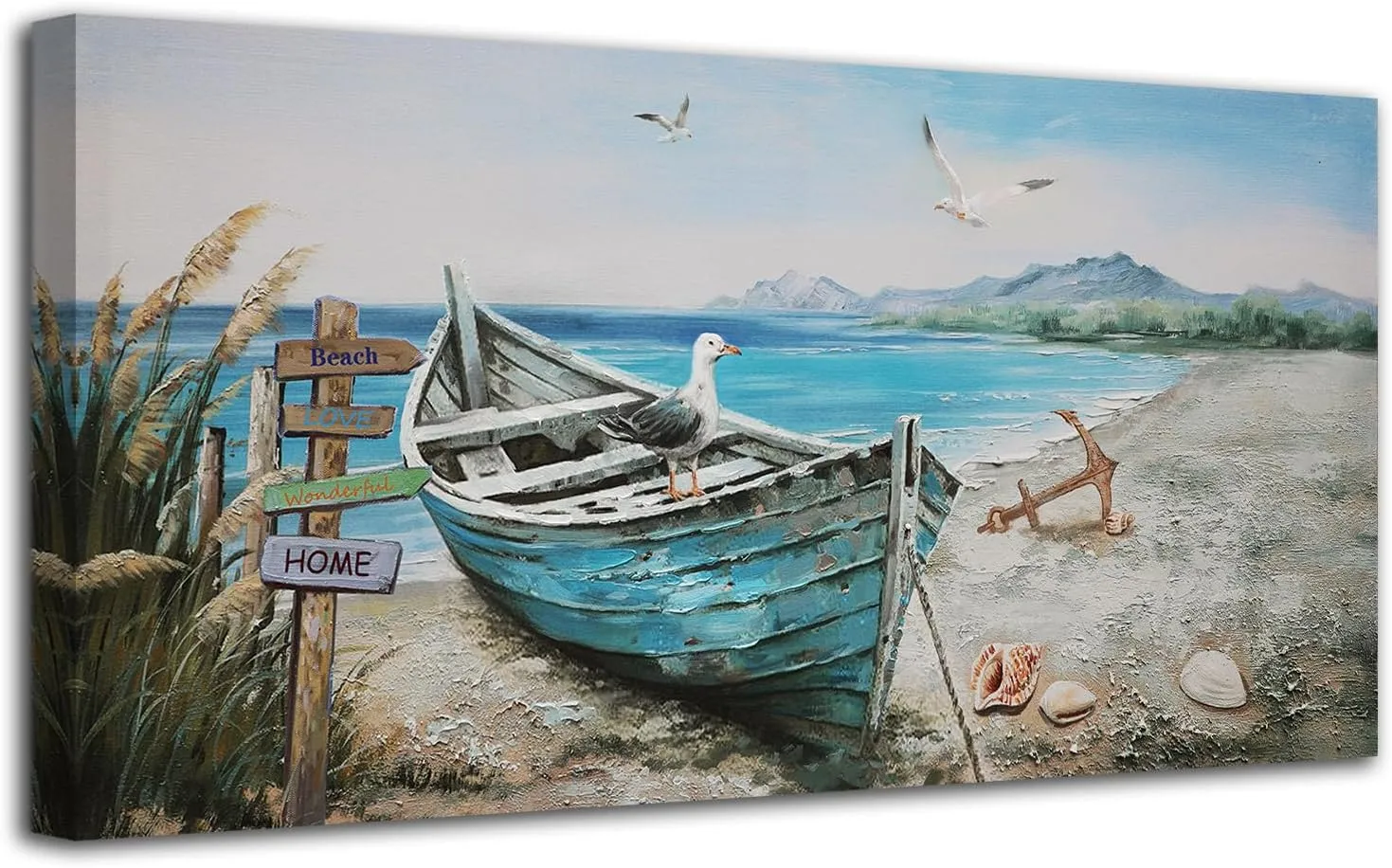 Anolyfi Coastal Wall Art Blue Ocean Beach Boat Canvas Picture, Nature Seagull Nautical Seascape Textured Painting Artwork Large Framed for Bathroom Living Room Bedroom Office Home Decor 40"x20"