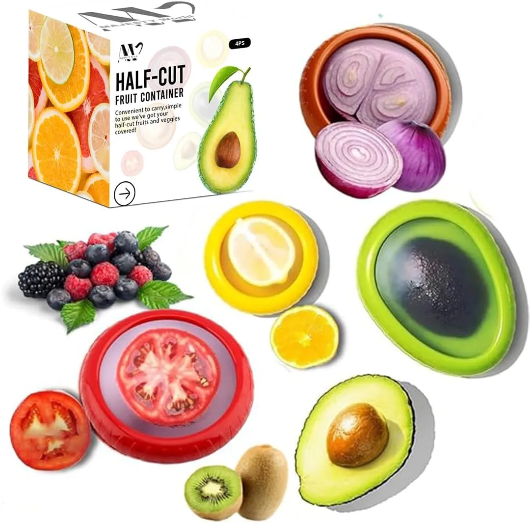 Anti-Oxidation Silicone Fruit and Vegetable Storage Saver and Holder | Fresh Pod, Set of 4 Reusable Fruit Storage Containers for fridge | Ideal for Avocado, Onion, Tomato, Apple, Fresh Stretch pods