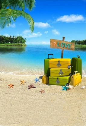 AOFOTO 5x7ft Suitcase On Sand Beach Background Tropical Island Trip Photography Backdrop Seaside Starfish Lovers Boy Girl Kid Adult Portrait Valentine's Day Photo Studio Props Video Drape Wallpaper