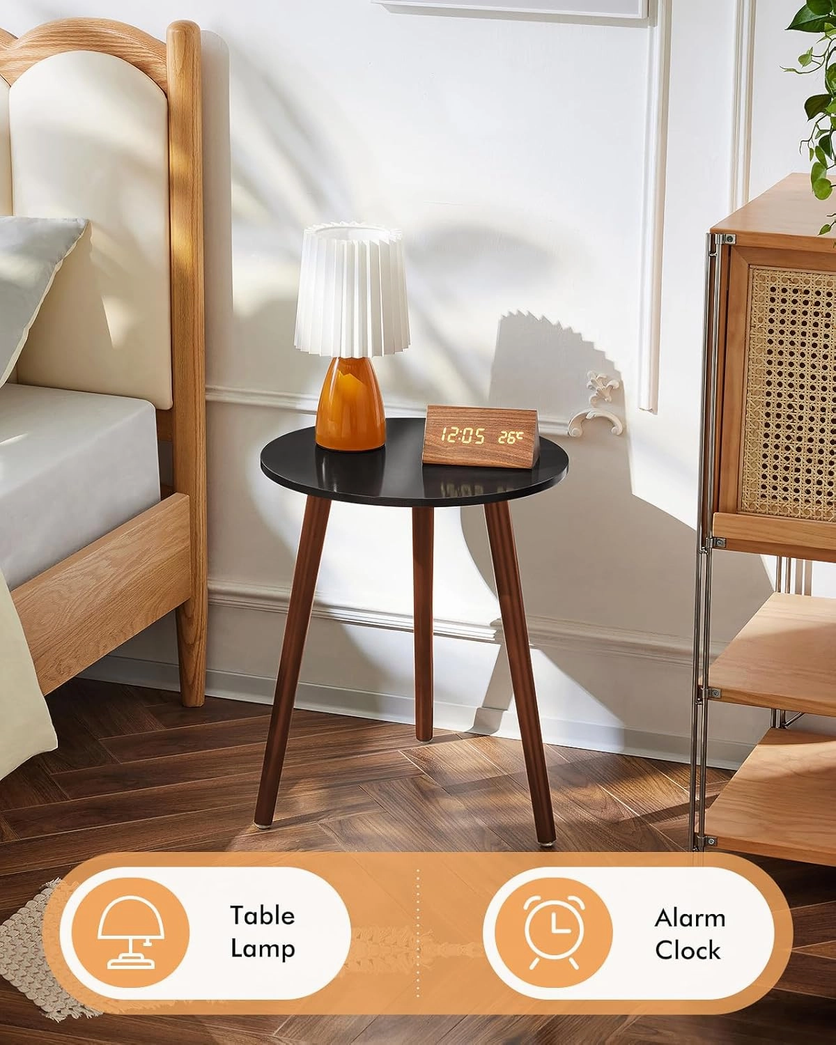 Apicizon Brown Side Table for Bedroom, End Table Bedside Table Nightstand Coffee Table with Brown Wood Legs for Living Room, 16.5 x 20.5 Inches, Black & Brown