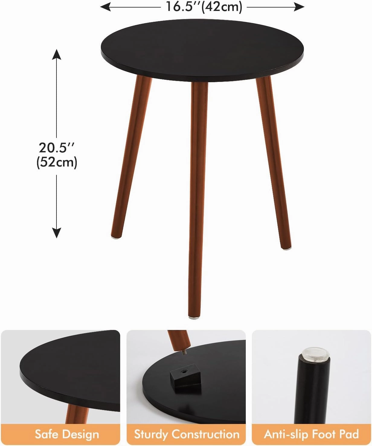 Apicizon Brown Side Table for Bedroom, End Table Bedside Table Nightstand Coffee Table with Brown Wood Legs for Living Room, 16.5 x 20.5 Inches, Black & Brown