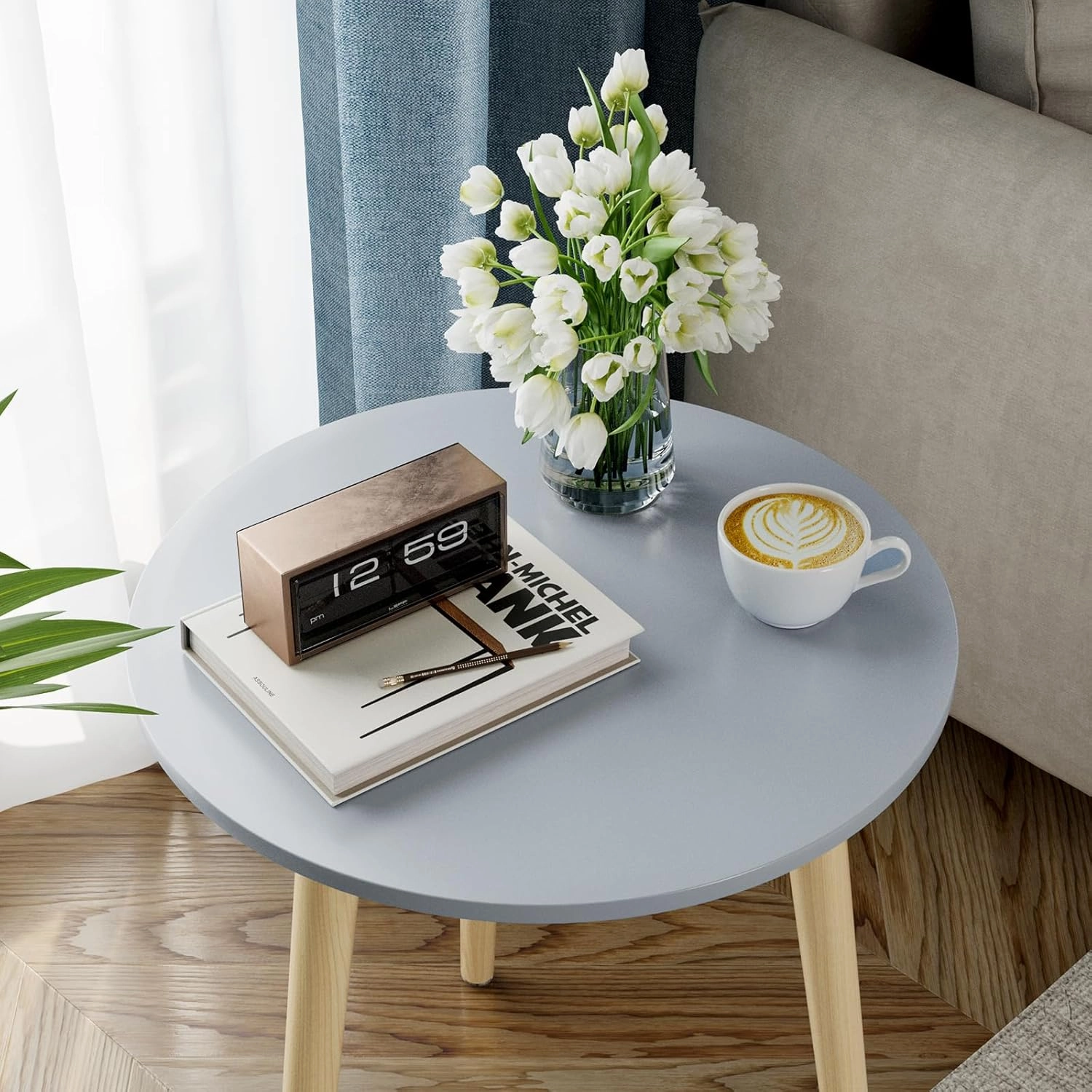 Apicizon Round Side Table, Blue Grey End Table for Small Spaces, Nursery Round Side Table Small Bedside Table Living Room, Bedroom, 16.5 x 20.5 Inches