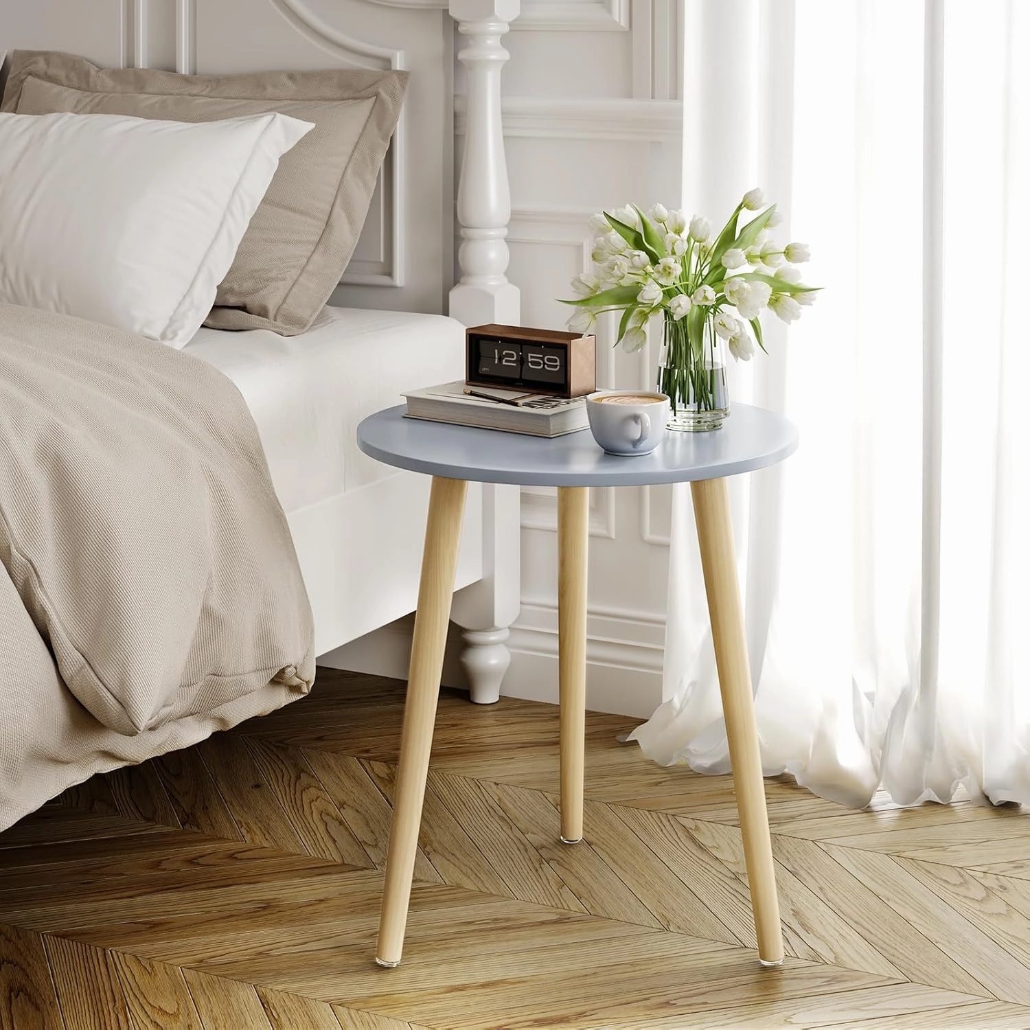 Apicizon Round Side Table, Blue Grey End Table for Small Spaces, Nursery Round Side Table Small Bedside Table Living Room, Bedroom, 16.5 x 20.5 Inches