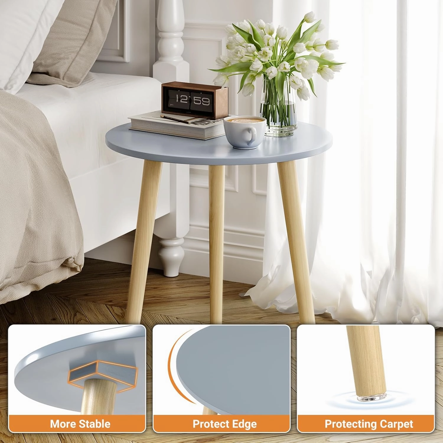 Apicizon Round Side Table, Blue Grey End Table for Small Spaces, Nursery Round Side Table Small Bedside Table Living Room, Bedroom, 16.5 x 20.5 Inches