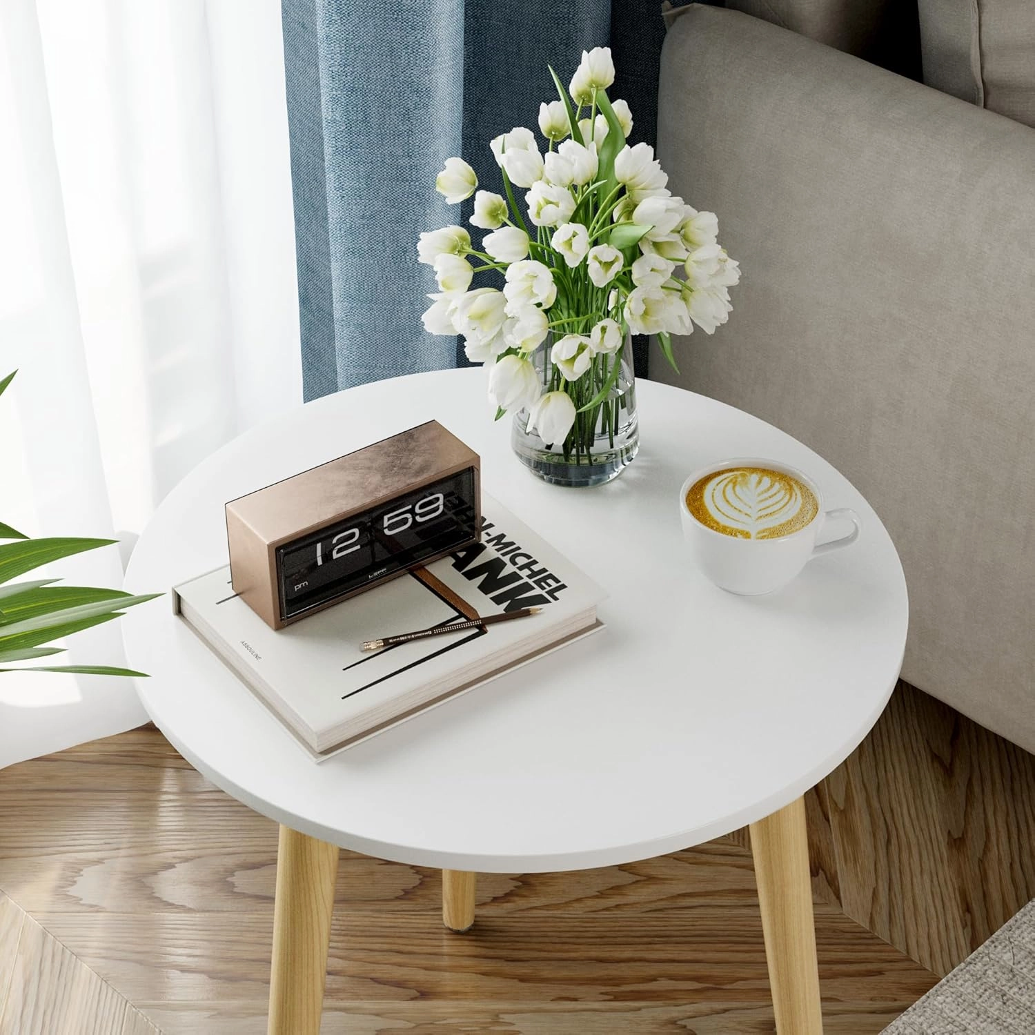 Apicizon Round Side Table, White Bedside Table Coffee End Table for Bedroom, Living Room, Small Spaces, Easy Assembly Nightstands with Natural Wood Legs, 16.5 x 20.5 Inches