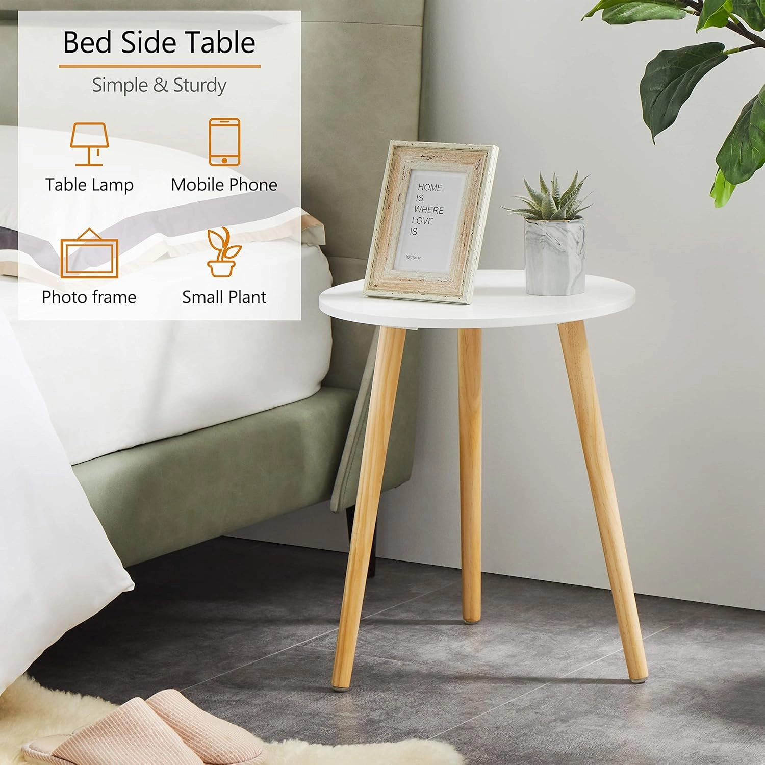 Apicizon Round Side Table, White Bedside Table Coffee End Table for Bedroom, Living Room, Small Spaces, Easy Assembly Nightstands with Natural Wood Legs, 16.5 x 20.5 Inches