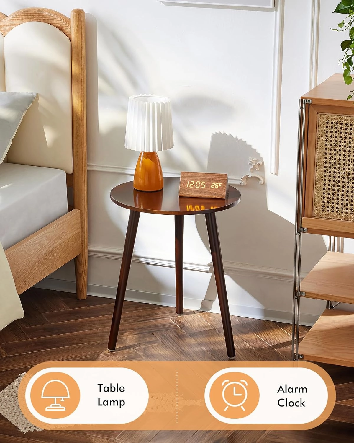 Apicizon Side Tables End Table Bedroom, Dark Brown Round Side Table Nightstand Bedside Table for Living Room, Nightstands Coffee Table with Brown Wood Legs