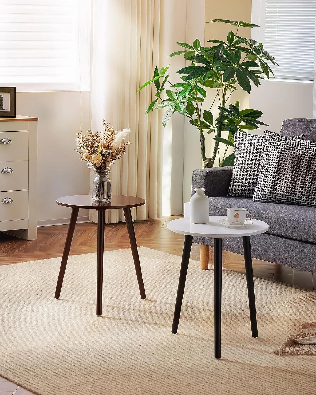 Apicizon Side Tables End Table Bedroom, Dark Brown Round Side Table Nightstand Bedside Table for Living Room, Nightstands Coffee Table with Brown Wood Legs