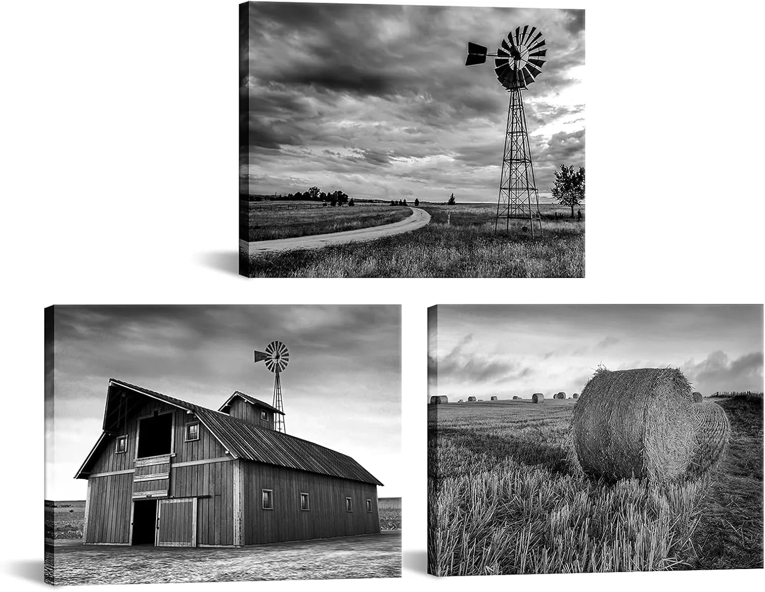Apicoture Farmhouse Wall Art Windmill Barn Picture Wall Decor Framed Canvas Prints Rustic Black and White Country Landscape Painting 12"x16"x3 Pieces