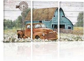 Apicoture Farmhouse Wall Art Countryside Barn Canvas wall Decor Country Landscape Paintings Teal Barn Windmill Farm Truck Wall Decor 16x24x3Panels (Red)