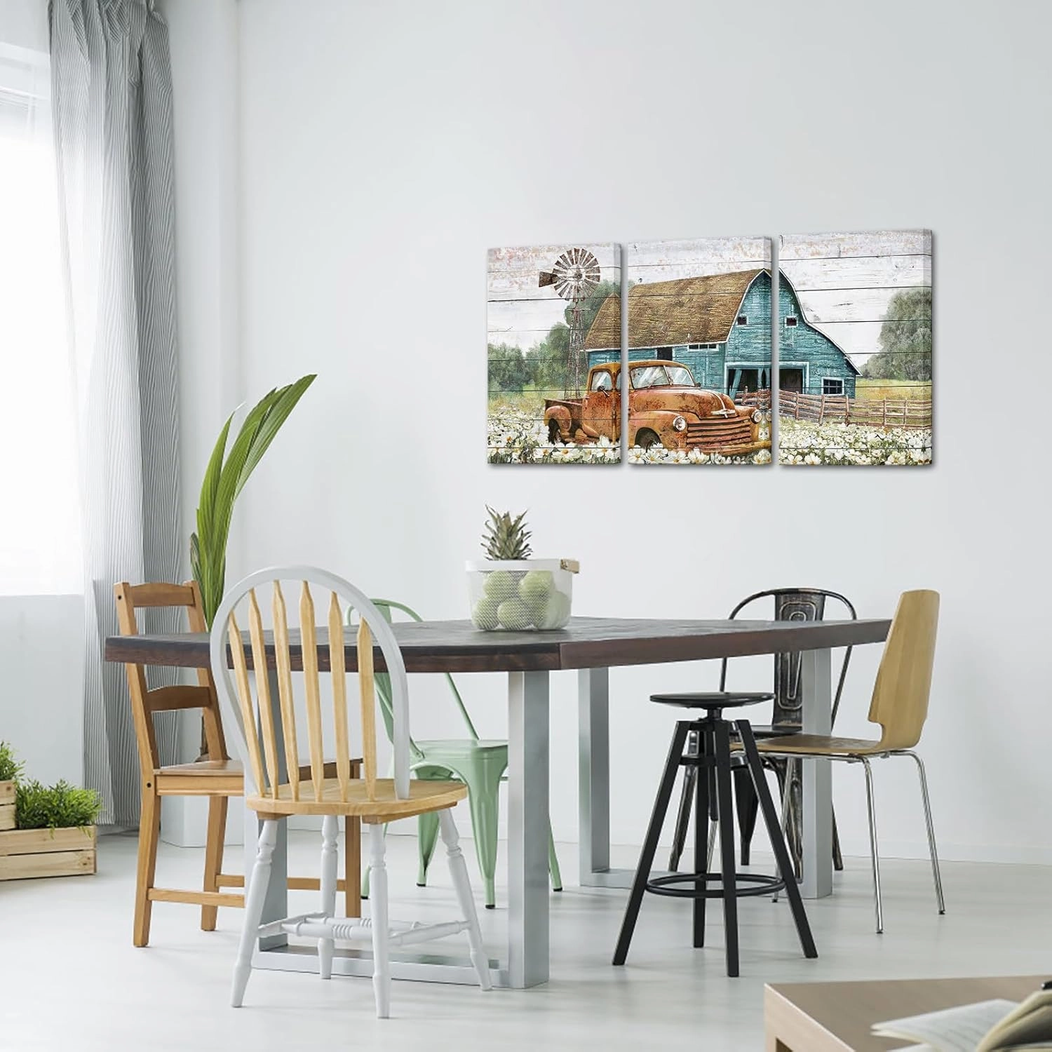 Apicoture Farmhouse Wall Art Countryside Barn Canvas wall Decor Country Landscape Paintings Teal Barn Windmill Farm Truck Wall Decor 16x24x3Panels (Red)