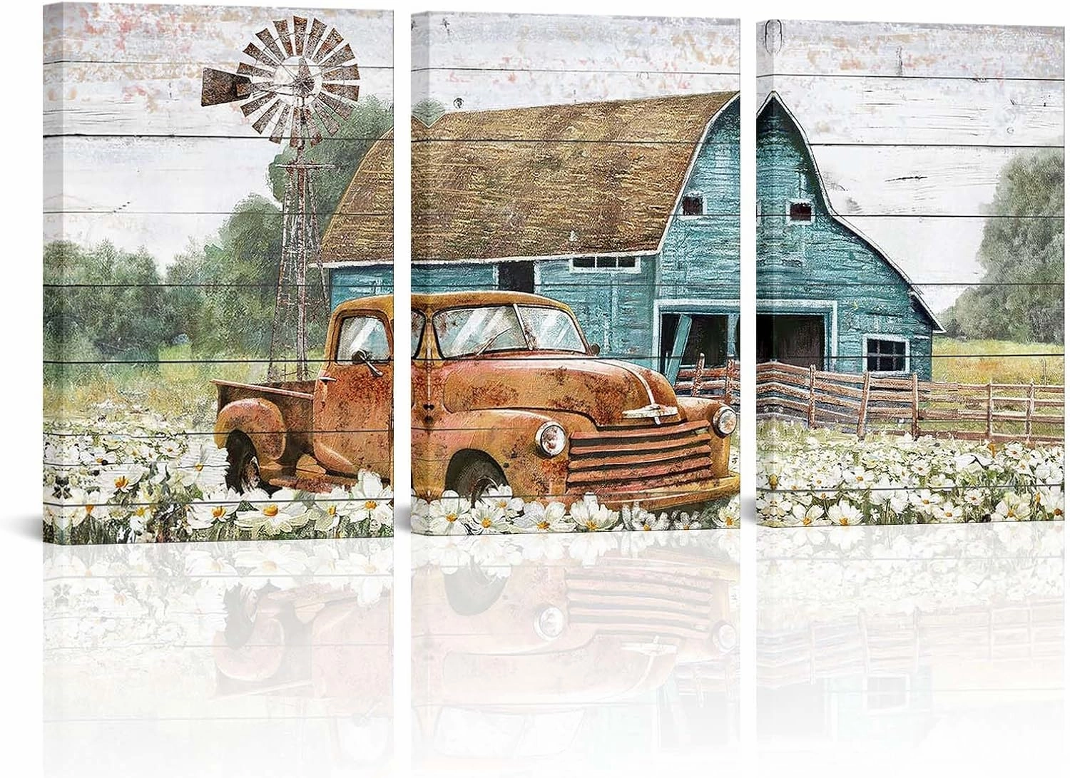 Apicoture Farmhouse Wall Art Countryside Barn Canvas wall Decor Country Landscape Paintings Teal Barn Windmill Farm Truck Wall Decor 16x24x3Panels (Red)