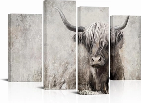 Apicoture Highland Cow Wall Art - Black and White Wildlife Alpine Cow Portrait Paintings Canvas Wall Decor For Walls Framed(Overall 34x48Inch)
