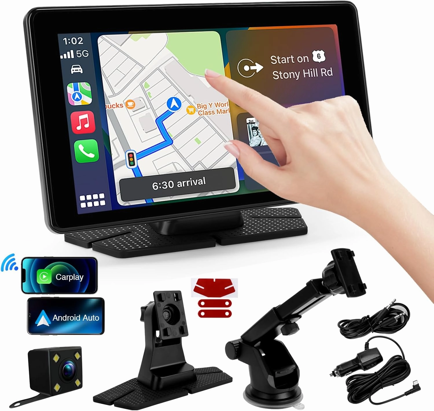 Apple Carplay Screen for Car, 7" HD Wireless Portable Touchscreen Car Stereo Android Auto with Voice Control, Backup Camera, Mirror Link, Bluetooth, GPS Navigation