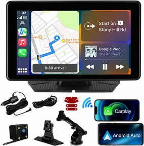 Apple Carplay Screen for Car, 7" HD Wireless Portable Touchscreen Car Stereo Android Auto with Voice Control, Backup Camera, Mirror Link, Bluetooth, GPS Navigation