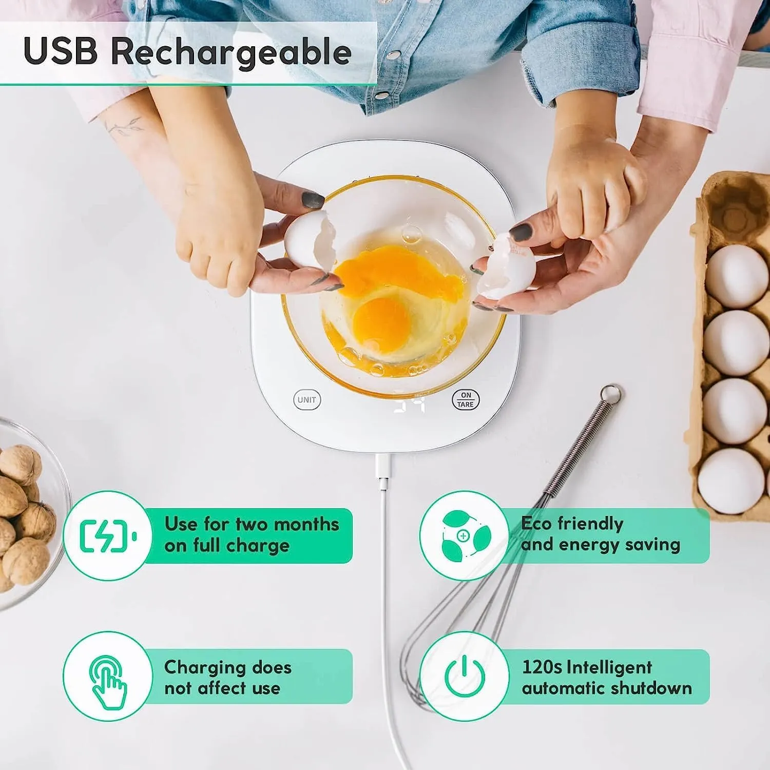 Arboleaf Smart Food Kitchen Scale, 22lb Digital Food Scale with Nutritional Calculator, USB Rechargeable, Smart Weighing with App for Macro, Keto, Calorie, Cooking, Grams and Ounces, 0.1oz/0.5g, White