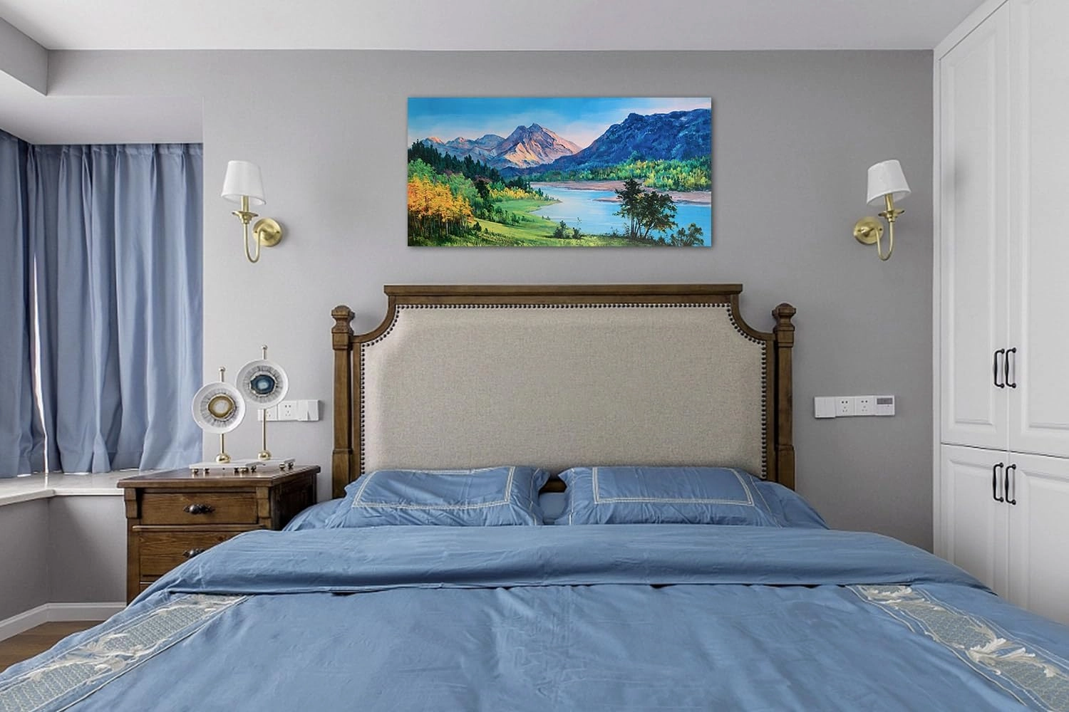Ardemy Nature Mountain Canvas Wall Art National Park Painting Lake Blue Ridge Landscape Picture, Panoramic Artwork Framed Large Size for Home Office Living Room Bedroom Bathroom Wall Decor, 40"x20"