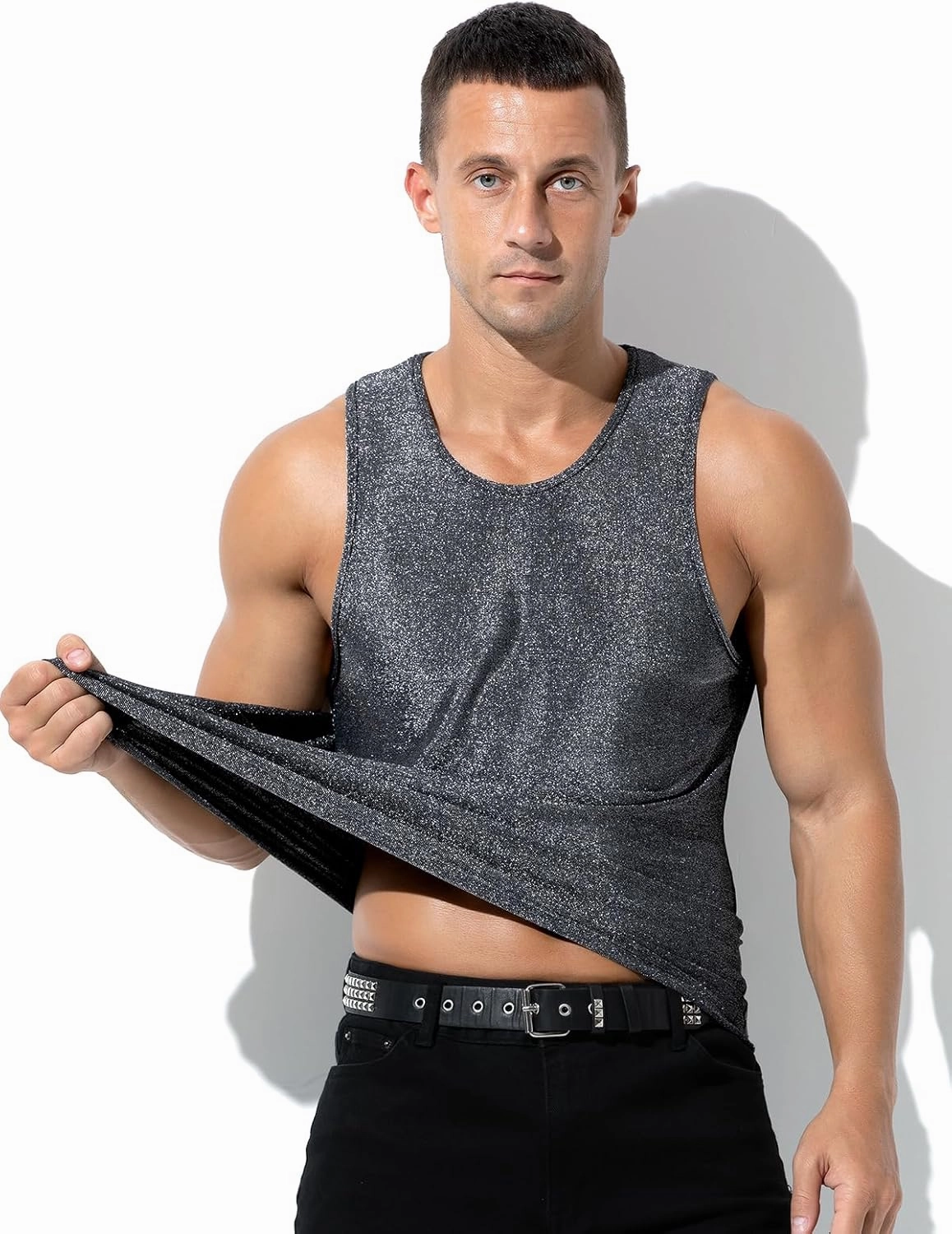 Arjen Kroos Men's Sequin Tank Top, Gold Glitter Rave Sleeve Shirts, Sparkly Disco Mens Vest